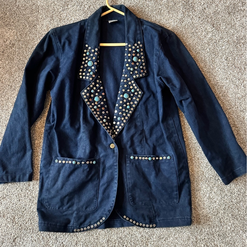 Vintage Prestige New York Turquoise and Studded embellished denim Blazer